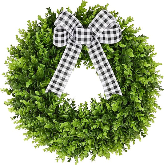 Vlorart 24" Faux Round Boxwood Wreath, Artificial Boxwood Wreath Front Door Wreaths Artificial Spring Summer Greenery Hanging with A Plaid Bow and sash for Front Door Wall Hanging Window Wedding Decor