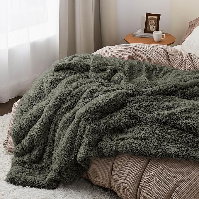 Bedsure GentleSoft Fuzzy Sherpa Faux Fur Twin Blanket Olive Green Cozy Gifts for Women Men, Soft Fleece Plush Warm Minky Thick Blanket Twin Size for Bed, Room Dorm Essentials Olive Decor Gifts, 60x80