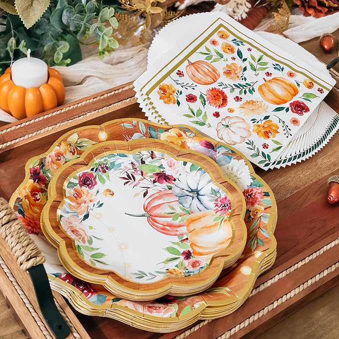 Kate Aspen Fall Paper Plates and Napkins Sets, Fall Party Decorations, Thanksgiving Napkins Disposable, 62 pcs - 16pcs 7 in. & 9 in. Heavy Duty Disposable Party Plates, 30pcs 6.5 inch Paper Napkins