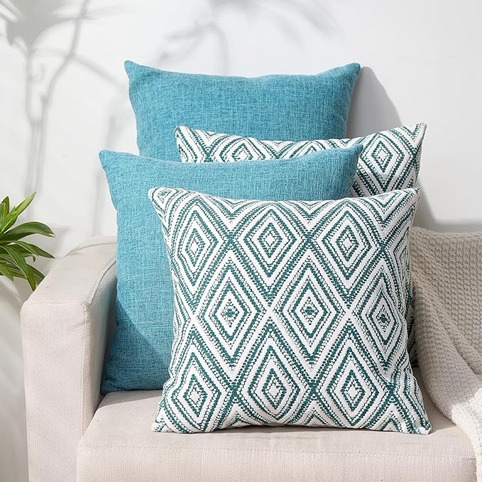 HPUK Decorative Throw Pillow Covers Set of 4 Geometric Design Linen Cushion Cover for Couch Sofa Living Room, 18"x18" inches, Aqua Blue