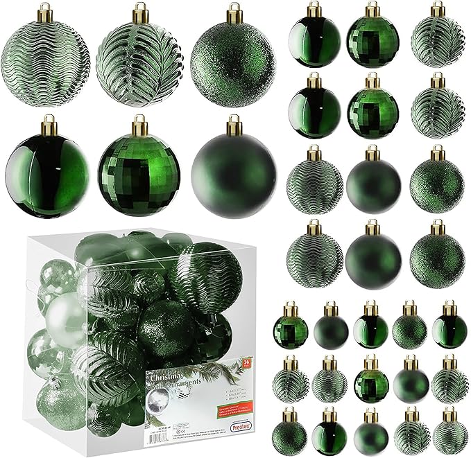 Prextex Christmas Tree Ornaments - Emerald Green Christmas Ball Ornaments Set for Christmas, Holiday, Wreath & Party Decorations (36 pcs - Small, Medium, Large) Shatterproof, 3 Size Combo