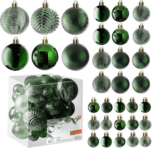 Prextex Christmas Tree Ornaments - Emerald Green Christmas Ball Ornaments Set for Christmas, Holiday, Wreath & Party Decorations (36 pcs - Small, Medium, Large) Shatterproof, 3 Size Combo