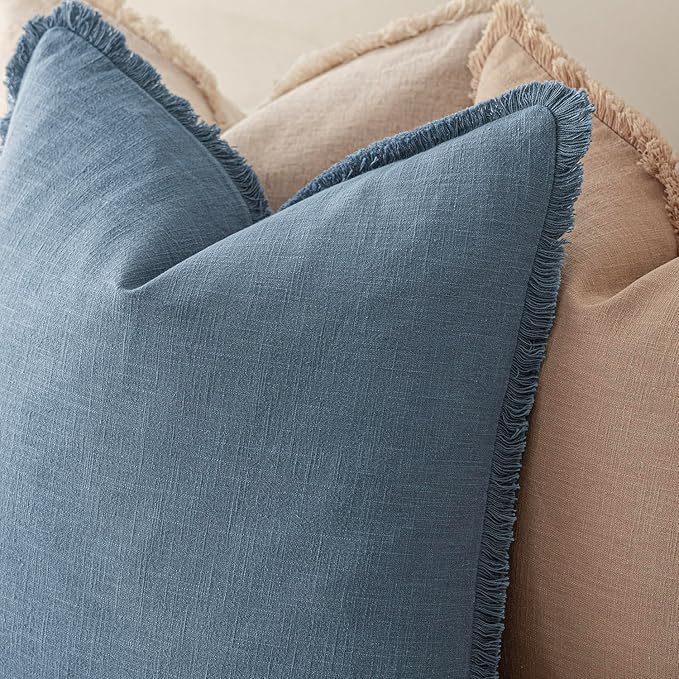 Foindtower Set of 2 Decorative Linen Fringe Throw Pillow Covers Cozy Boho Farmhouse Cushion Cover with Tassels Soft Accent Pillowcase for Couch Sofa Bed Living Room Home Decor, 20×20 Inch, Misty Blue