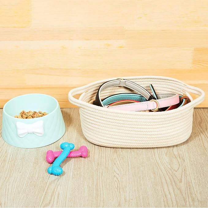 MINTWOOD Design 5-Piece Storage Baskets for Organizing, Small Woven Rope Baskets for Storage and Shelves, Dog Cat Toy Basket Box, Pantry Bathroom Organization Bins, Nightstand Organizer, Beige