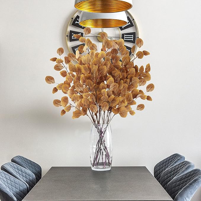 Sggvecsy 6 Pcs Fall Eucalyptus Leaves Artificial Eucalyptus Stems Long Silver Dollar Leaves Autumn Leaf Branches Fake Silk Eucalyptus for Christmas Home Autumn Thanksgiving Decor(Dark Yellow)