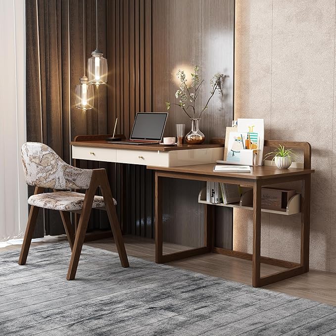 Lartis Extendable to 70" Solid Wood Desk, Storage Study Table with Side Unit, Multifunctional Workbench, Modern Office and Study Computer Desk