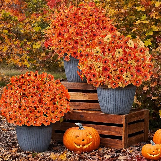 24 Bundles Artificial Fall Flowers for Outdoors, Realistic Fake Silk Flowers for Outside Decoration, Autumn Faux Plants Outdoor Planter Window Box Porch Patio Decor(Orange)