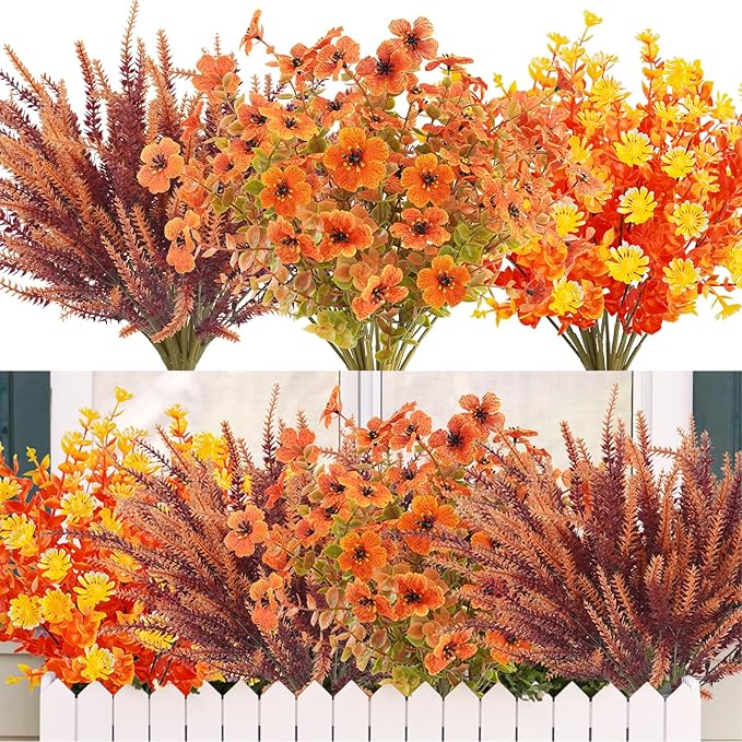 16PCS Artificial Fall Flowers Outdoor Faux Autumn Lavender Plants UV Resistant Fake Greenery Shrubs Fall Decorations for Thanksgiving Harvest Wedding Porch Window Box