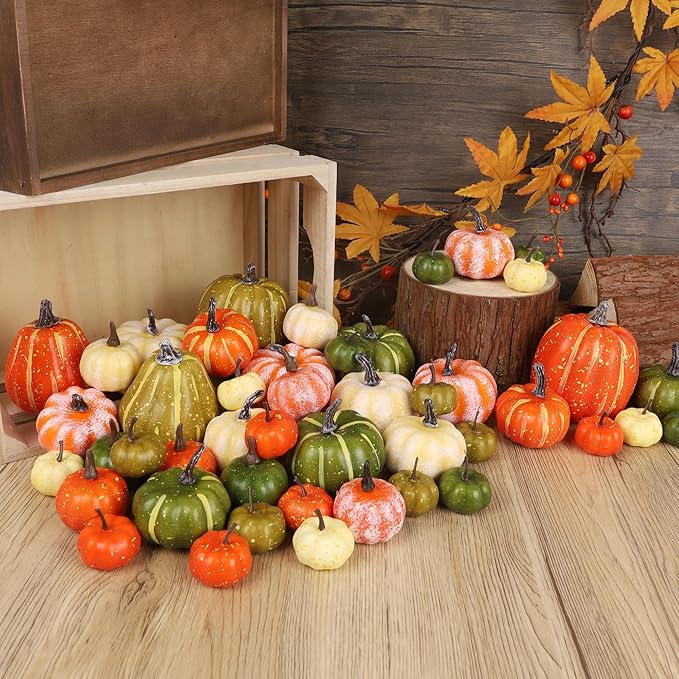 winemana 46 Pcs Assorted Size Artificial Pumpkins Fall Decorations, Mixed-Color Foam Pumpkin Autumn Decor, Decorative Faux Pumpkin for Thanksgiving Table Centerpiece Mantle Bowl Wedding Party