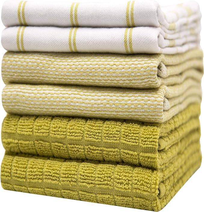 Premium Kitchen Towels (20”x 28”, 6 Pack) – Large Cotton Kitchen Hand Towels – Flat & Terry Towel – Highly Absorbent Tea Towels Set with Hanging Loop (Lime Green Check)