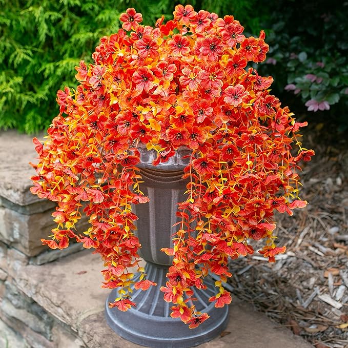 Fall Artificial Flowers for Outdoors Fake Silk Flower, 2Pcs Red Orange Daisy Autumn Decor, Realistic Hanging Decoration Plants, UV & Fading Resistant for Porch Patio Balcony Planter