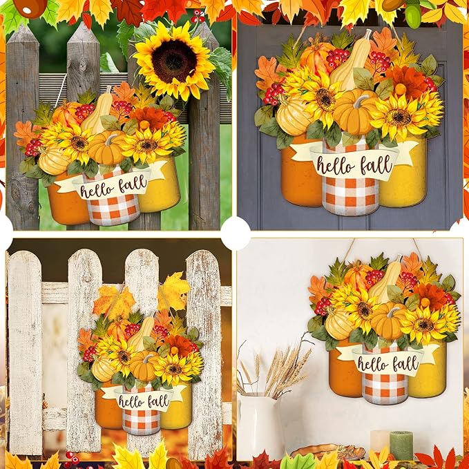 Spiareal Thanksgiving Welcome Sign Fall Wall Art Wood Autumn Maple Door Decor Sunflower Flowers Fall Front Wreath for Front Door Decoration (Maple Style)