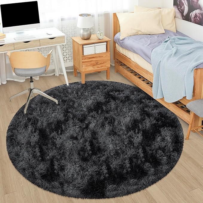 5x5 ft Tie Dye Black Round Rug for Bedroom Room Fluffy Circle Rug Furry Carpet Shaggy Circular Fuzzy Washable Non-Slip Large Area Rug Soft Indoor for Living Room Cute Aesthetic Home Decor