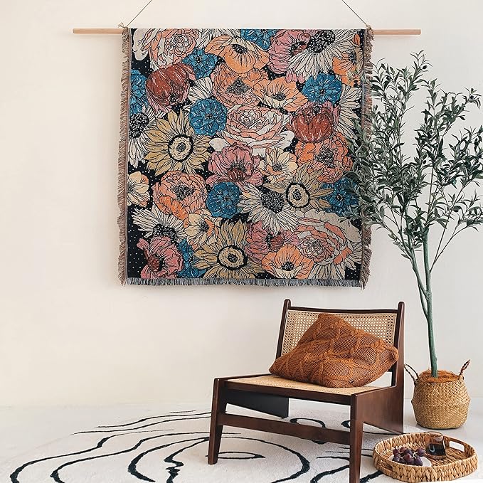 Boho Throw Blanket Reversible Cotton Bohemian Tapestry Hippie Room Decor Double Sided (Boho Flower Dark 50"x60")
