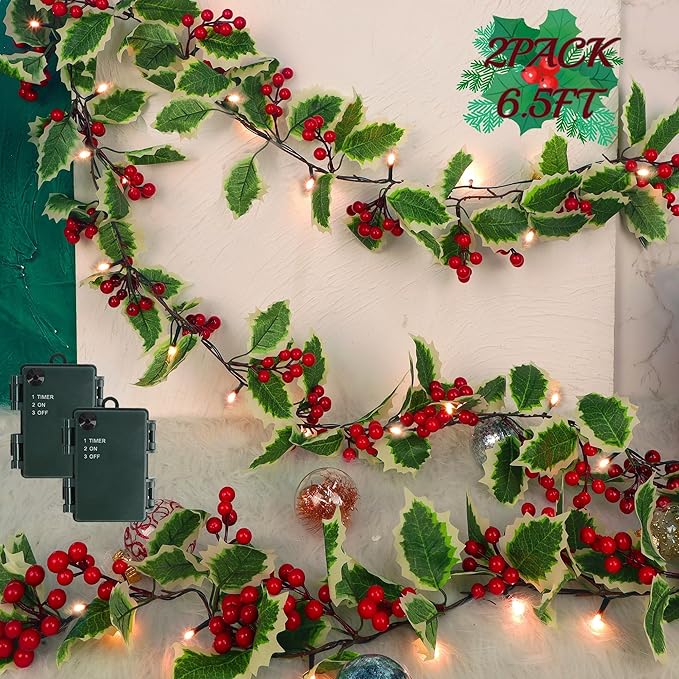 Juegoal 2 Pack Christmas Garlands, 6.5FT Pre-lit Red Berries & Holly Leaves Garland, Artificial Lighted Garland Battery Operated with Timer, Indoor Outdoor Fireplace Gate Home Winter New Year Decor