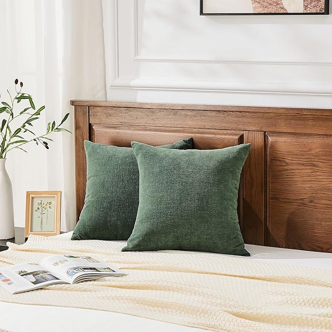 GAWAMAY Decorative Square 16"x16" Inch Throw Pillow Covers Set of 2, Super Soft Chenille Pillows Farmhouse Pillowcase for Living Room Bedroom Sofa Couch Cushion Cover Dark Green 40x40cm (No Insert)