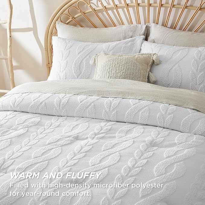 Bedsure King Size Comforter Set White, Boho Tufted Bed Set, Farmhouse Jacquard Cable Knit Pattern Bedding, 3 Pieces, 1 Shabby Chic Fluffy Comforter & 2 Pillow Shams