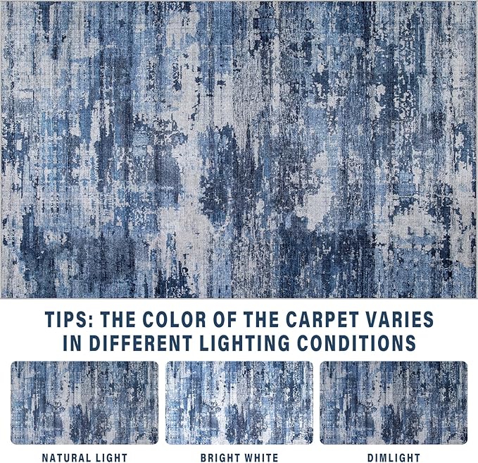 Area Rug Living Room Rugs: 5x8 Rug for Bedroom Machine Washable with Non Slip Backing Non Shedding Abstract Stain Resistant Large Carpet for Dining Room Nursery Home Office - Beige/Blue