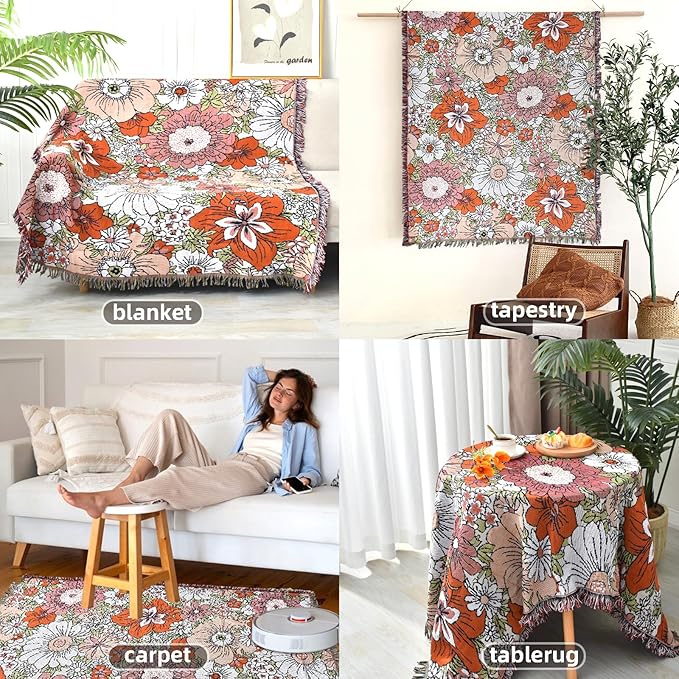 Boho Throw Blanket Reversible Cotton Bohemian Tapestry Hippie Room Decor Outdoor Blanket Double Sided (Boho Flower 50"x60")