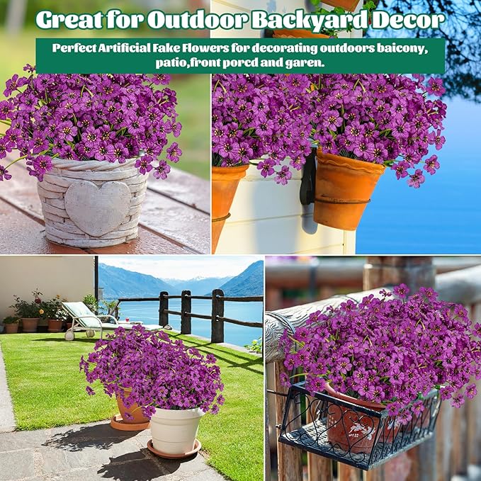 Lnoicy 12 Pcs Artificial Flowers for Outdoor,Plastic Flowers Decoration, UV Resistant Faux Flowers Shrubs, Artificial Plants for Indoor Outside Garden Home Wedding Farmhouse(Fuchsia)