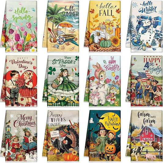 12 Pcs Seasonal Kitchen Towels Set for All Holidays Hand Dish Tea Towels Fall Halloween Christmas Cute Drying Dishcloths Decorative Absorbent Wash Cloths(Vintage Style)