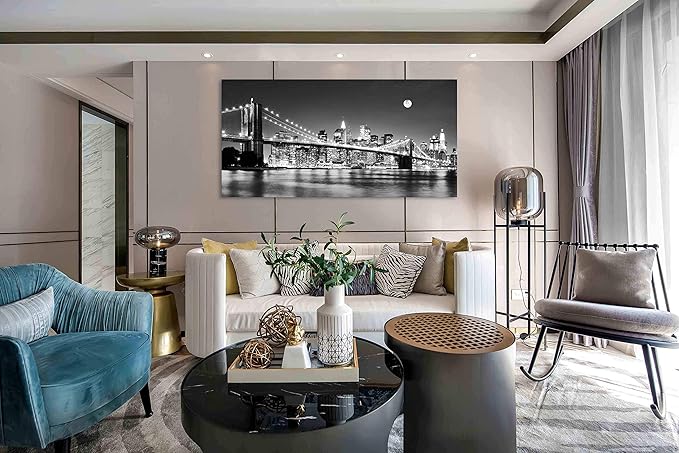Baisuart-Q30375 Brooklyn Bridge Night View 1 Panels Landscape Artwork Canvas Prints Moon Night New York City Scene Picture Paintings Black and white Wall Art for Oiffce Home Decorations Wall Decor