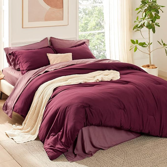 Bedsure Full Size Comforter Set - 7 Pieces Burgundy Full Bedding Set for All Seasons, Boho Contrasting Design Bed in a Bag with Comforter, Sheets, Pillowcases & Shams
