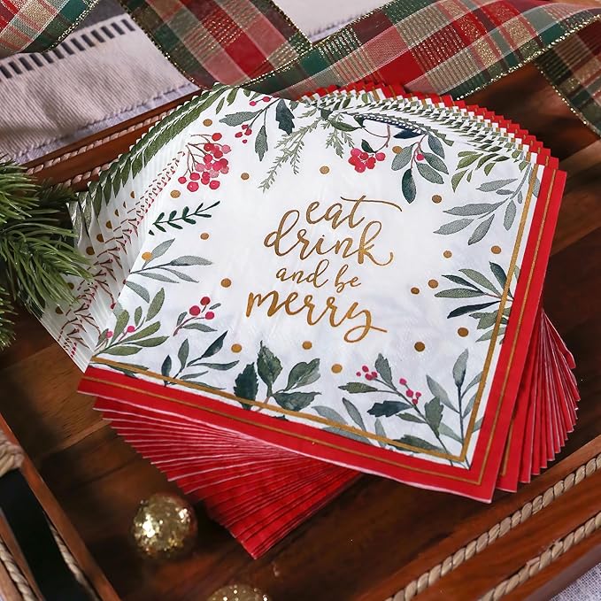 Kate Aspen 62pc Christmas Tableware Set Holiday Dinner Party Kit - 16pcs 7 inch & 9 inch Heavy Duty Disposable Party Plates, 30pcs 6.5 inch Durable Paper Napkins