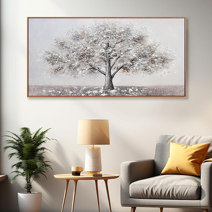 Abstract Wall Art Tree of Life White Background Canvas Wall Decor Framed Artwork Modern Aesthetic Suitable for Living Room Bedroom and Office Home Decor 24x48 In