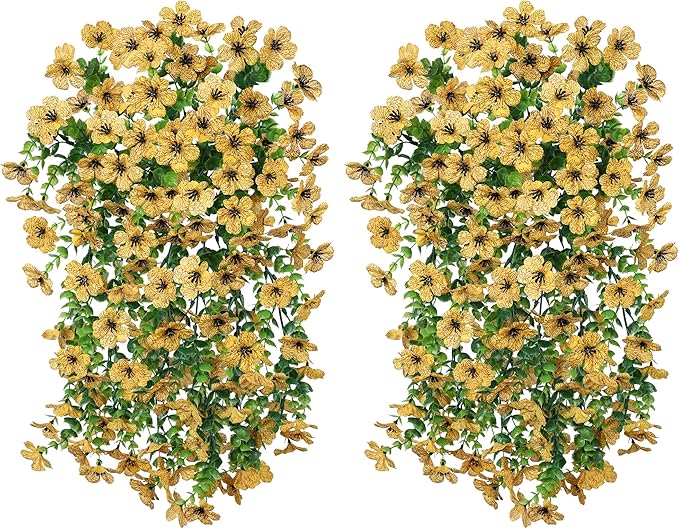 INSPRING Artificial Flowers Fall Faux Outdoor Outside Plants, 2 PCS Fake Silk UV Resistant Look Real Yellow Daisy Trailing Vines for Front Door Porch Planter Urn Patio Balcony Decoration