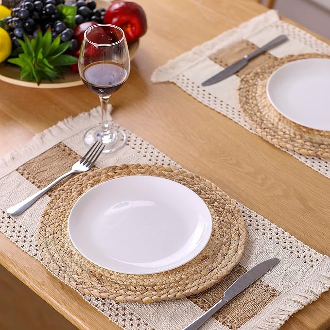 Handmade Boho Placemats Set of 4 - Natural Cotton Burlap and Water Straw Woven Combination Table Mats, Macrame Décor and Farmhouse Style Placemats, for Dining Table Kitchen
