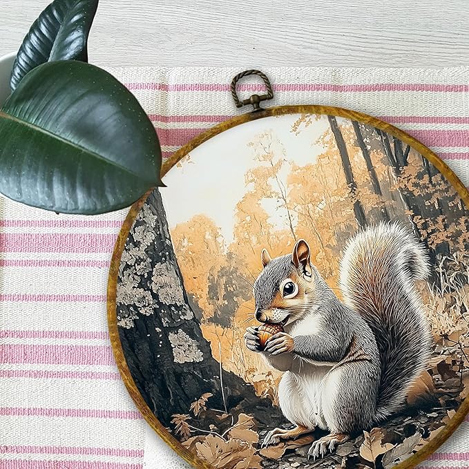 Mcehtle Vintage Fall Squirrel Wall Art Decor, Rustic Autumn Nature Forest Squirrel Framed Canvas Prints 10x10, Fall Wild Animal Farmhouse Round Wall Hanging Artwork Decorations for Home Bedroom