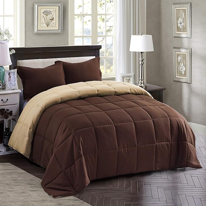 HIG 3pc Down Alternative Comforter Set - All Season Reversible Comforter with Sham - Quilted Duvet Insert with Corner Tabs - Box Stitched - Super Soft, Fluffy (Twin/Twin XL, Chocolate)