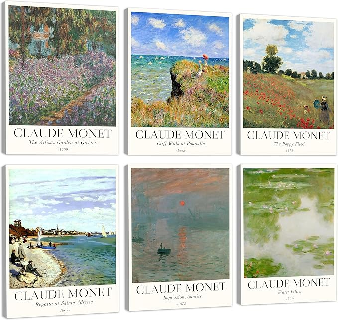 COSCTOR Set of 6 Claude Monet Wall Art Decor Canvas Vintage Famous Artist Retro Landscape Colorful Posters and Prints for Living Room Bathroom Bedroom Hallway Kitchen (Framed, 9x12)