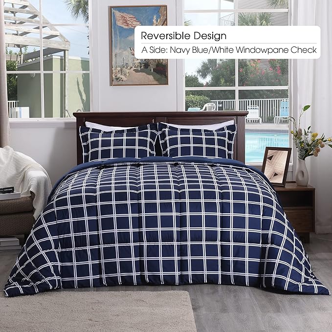 Basic Beyond King Comforter Sets 3 Piece Double-Line Plaid Lightweight Microfiber Down Alternative Comforter for All Season (1 Grid Comforter with 2 Pillowcases, Navy/White)