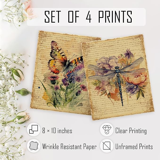 HRQKO Vintage Butterfly Dragonfly Floral Wall Art Poster Prints Set of 4, Dragonfly Wall Decor, Retro Wildflower Artwork Printing Posters Wall Decor, Butterfly Prints for Living Room 8”x10” Unframed