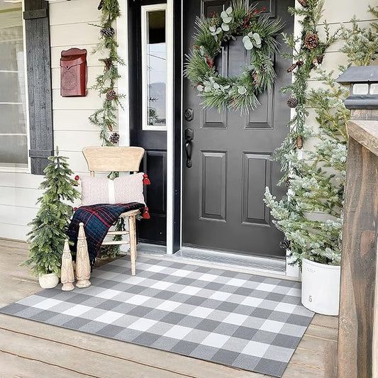 KOZYFLY Buffalo Plaid Area Rugs 3x5 Ft Gray and White Checkered Rug Washable Front Door Mat Hand Woven Cotton Outdoor Rug Large Rug for Front Porch Kitchen Entryway Patio Bathroom