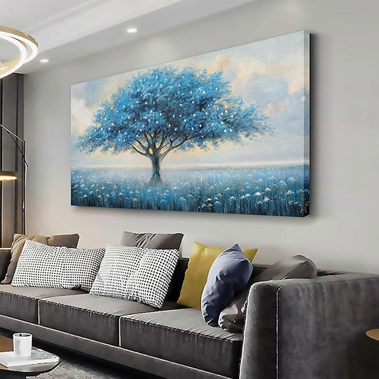 Glvzygy Blue Tree of Life Wall Art Abstract Modern Artwork Canvas Painting Textured Tree Pictures Wall Decor Home Decor Wall Ready to Hang for Bedroom Living Room Size 29"x58"