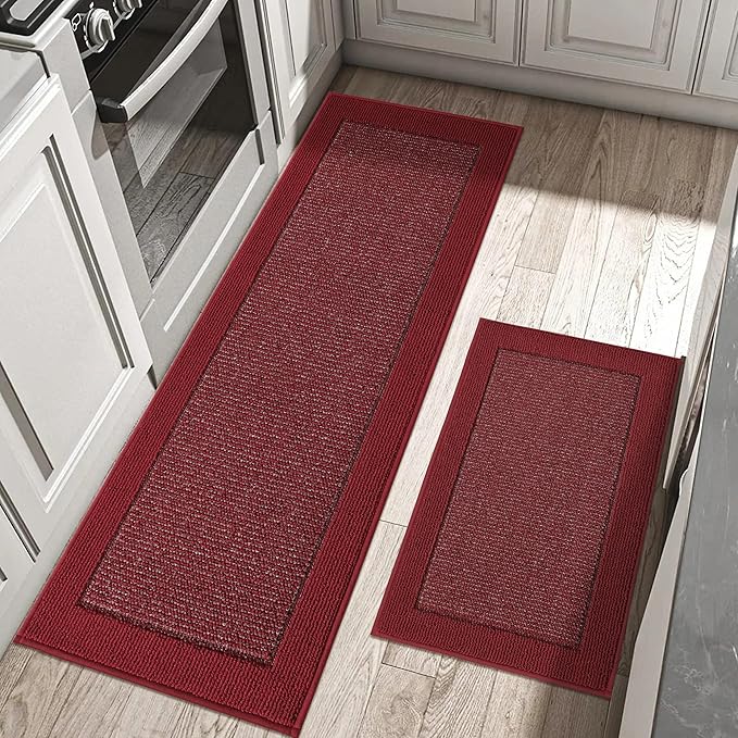 BEQHAUSE Kitchen Rugs and Mats Set of 2 Non-Slip Kitchen Mats for Floor, Absorbent and Stain Resistant Kitchen Runner, Machine Washable Rugs for Kitchen, Laundry & Sink, 20"x32"+20"x48", Red