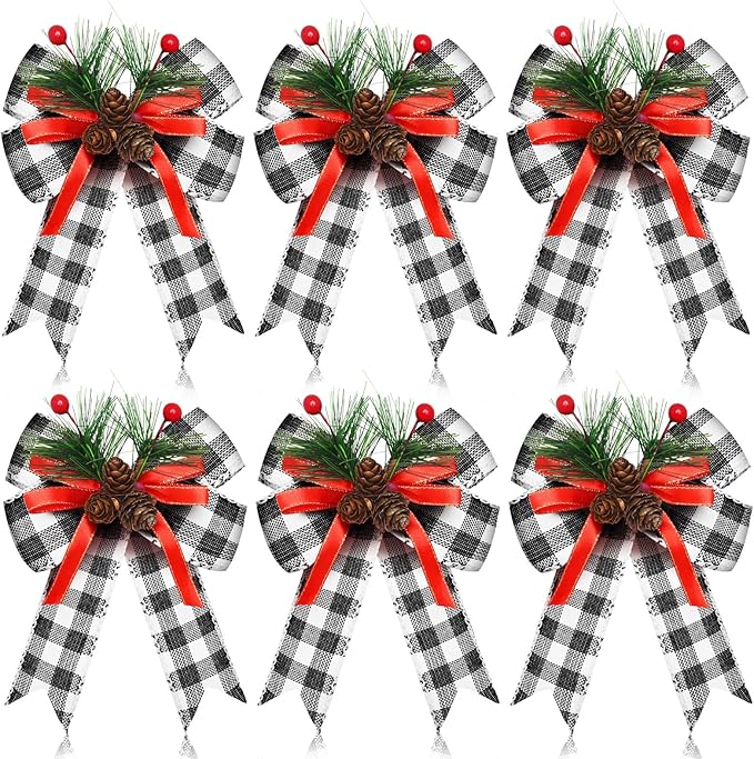 Syhood 6 Pcs Christmas Bows with Pine Cones Pine Needles Xmas Plaid Bows Black White Ribbon Christmas Tree Wreath Decoration for Xmas Parties Indoor Outdoor Crafts DIY Decor
