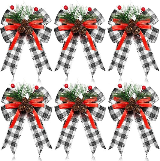 Syhood 6 Pcs Christmas Bows with Pine Cones Pine Needles Xmas Plaid Bows Black White Ribbon Christmas Tree Wreath Decoration for Xmas Parties Indoor Outdoor Crafts DIY Decor