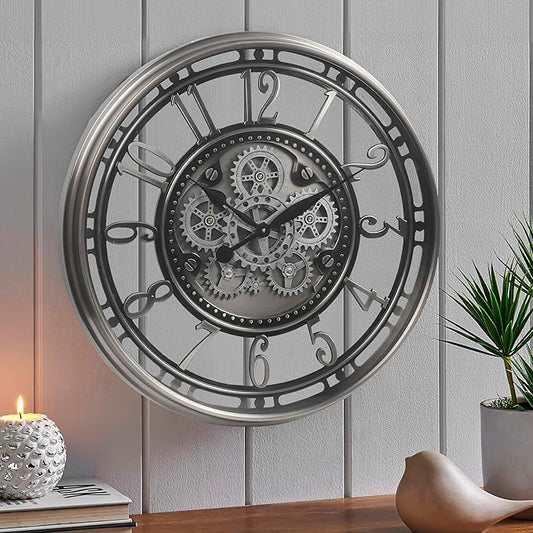 CLXEAST 28 Inch Large Industrial Moving Gear Wall Clock for Living Room Decor, Modern Farmhouse Decorative Clock for Dinning Room,Gunmetal Silver,House Warming Gifts New Home