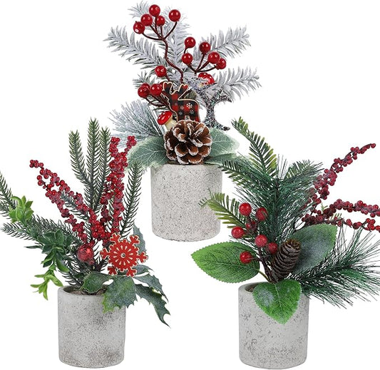 winemana 3 Pack Mini Christmas Trees for Table Centerpieces, 11 Inch Small Artificial Xmas Tree with Red Berries & Pine Cones for Home, Office Desk, Tabletop, Indoor Holiday Decorations