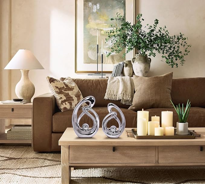 2 Pcs Silver Decor Sculpture Table Decorations Ceramic Decor Mid Century Modern Decor Statue and Figurine Centerpieces for Living Room Dining Room Kitchen Fireplace Shelf Office Coffee Table Decor