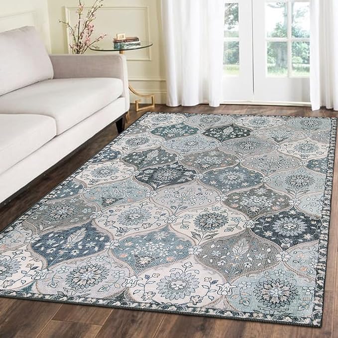 Lahome Moroccan Trellis Washable Area Rug, 5x7 Rugs for Living Room Bedroom, Indoor Non-Slip Oriental Accent Throw Large Carpet for Kitchen Entryway Bathroom Office, Blue