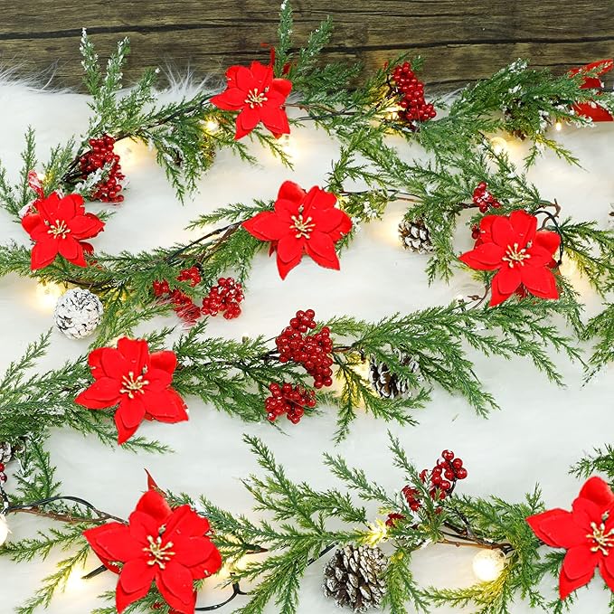 DR.DUDU 9 FT Pre-lit Artificial Christmas Garland with 30 LED Lights, Battery Powered with Pine Cones, Red Berries, Pine Needles, Lighted Christmas Wreath for Holiday Party, Xmas Tree Decorations