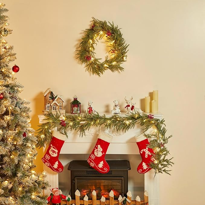 Brightown Christmas Garland with Lights, 6Ft 20 LED Lighted Pine Leaves Garland Decorated with Snowflakes, Berry, North Star, Battery Operated Indoor & Outdoor Christmas Lights for Mantle Stairs Wall