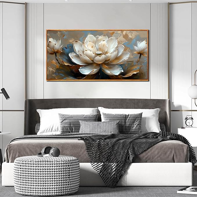 Lotus Canvas Wall Art - White Flower Painting - Modern Framed Art Size 24" x 48" for Living Room