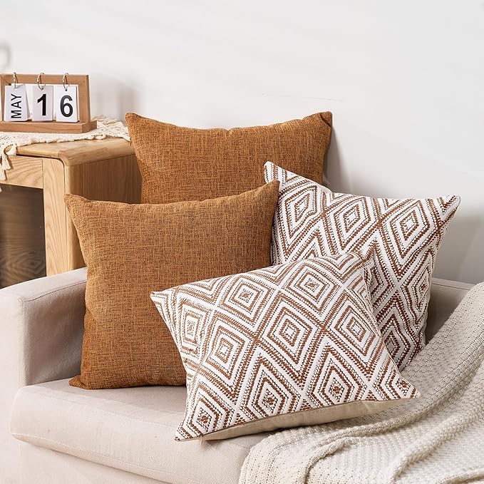 HPUK Decorative Throw Pillow Covers Set of 4 Geometric Design Linen Cushion Cover for Couch Sofa Living Room, 20"x20" inches, Golden Brown