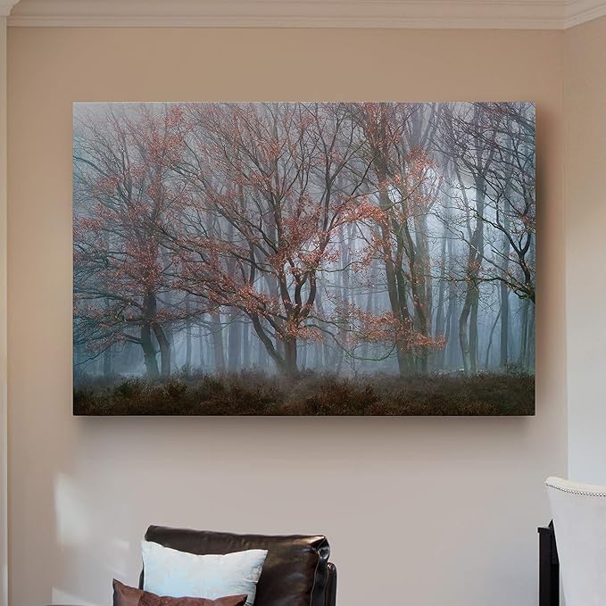 Renditions Gallery Canvas Nature Wall Hanging Art Misty Orange Autumn Trees Forest Modern Artwork for Bedroom Living Room Kitchen Walls - 24"X36" LT08